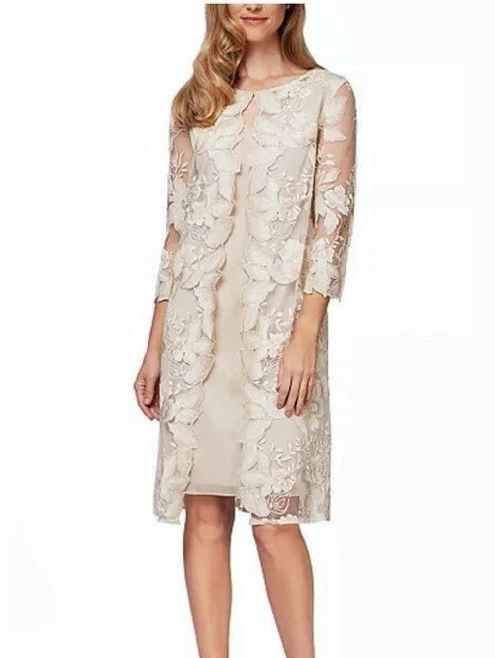 Alex Evenings Floral Lace Knee Length Dress Cream Size 10 Like New